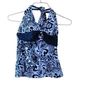 *Sale*NWT Chaps Tankini Top Size 6 Black and White Gold Ring Black Sash Swimsuit